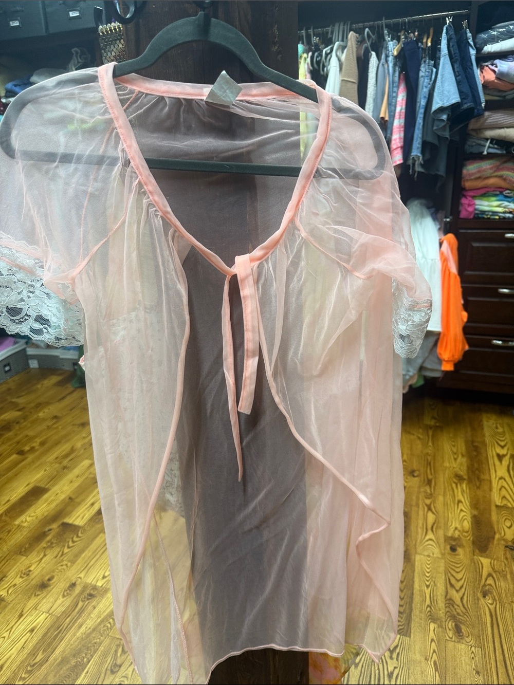 Vintage 60s Sheer Peach Tie-Front Robe with Lace Trim S USA